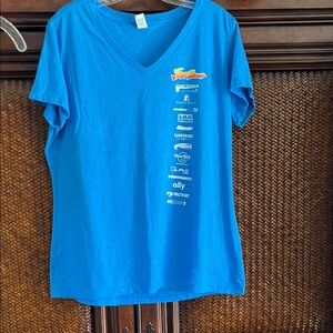 District Bright Blue V-Neck Short Sleeve Tee with Vertical Logos